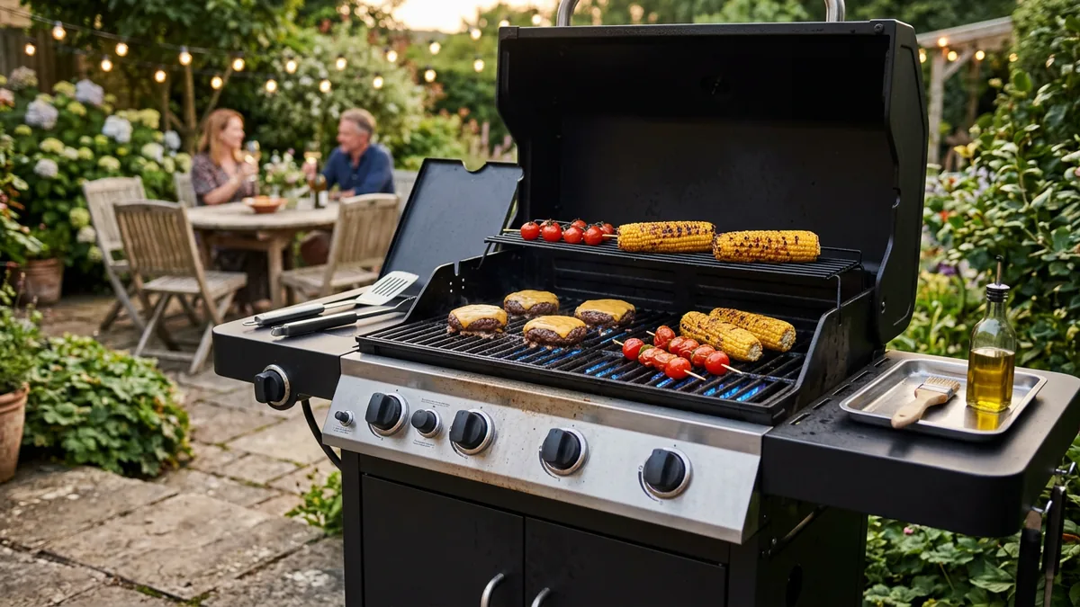Una barbacoa de gas de cuatro quemadores con la llama azul bajo la parrilla, asando hamburguesas y mazorcas en la terraza de un jardín al atardecer