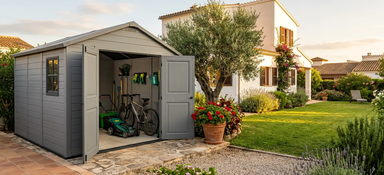 Una caseta de jardín de resina gris con la puerta doble abierta y el cortacésped, una bici y las herramientas dentro, en el rincón de un jardín con césped y un olivo junto a una casa blanca