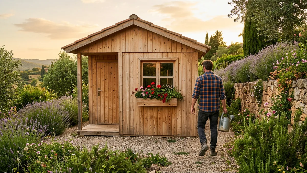Una caseta de madera de pino con tejado a dos aguas, un escalón de entrada y una ventana con jardinera, en un jardín de campo con lavanda, y un hombre que se acerca con una regadera