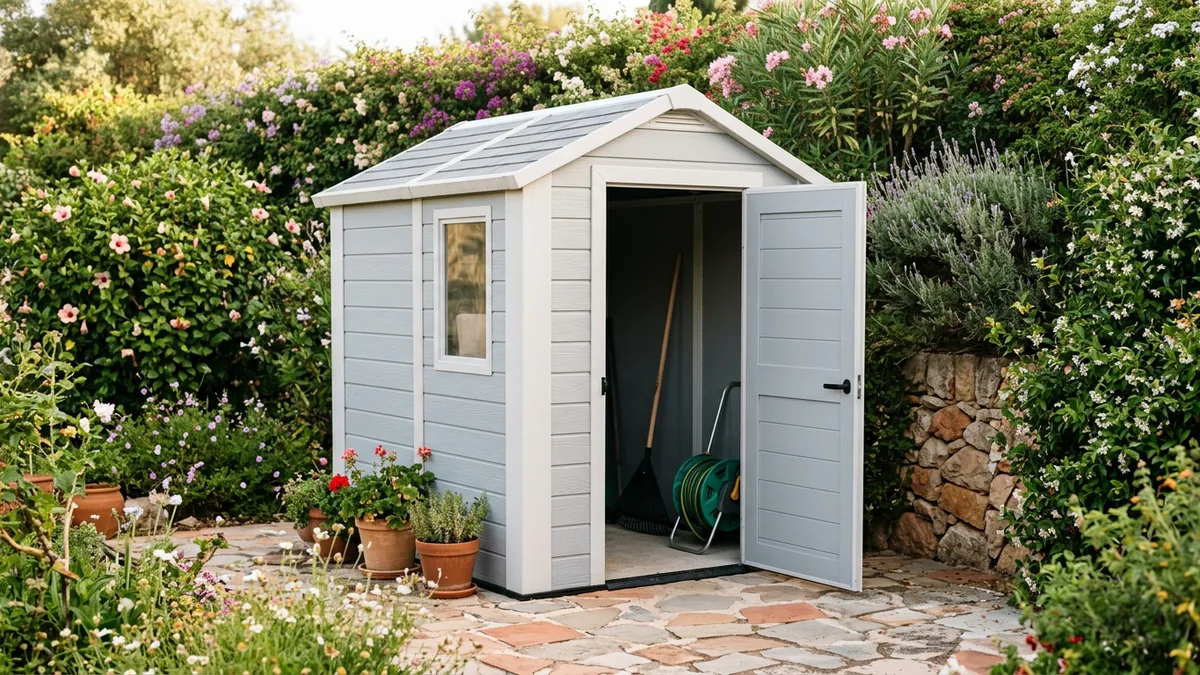 Una caseta de jardín de resina gris claro con tejado a dos aguas y ventana, con la puerta entreabierta y un rastrillo y una manguera dentro, sobre baldosas en un jardín con flores