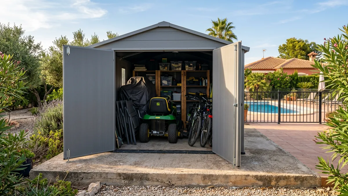 Una caseta de jardín grande de resina gris con las dos hojas de la puerta abiertas y dentro un cortacésped de asiento, bicicletas y muebles de jardín, con la valla de una piscina al fondo