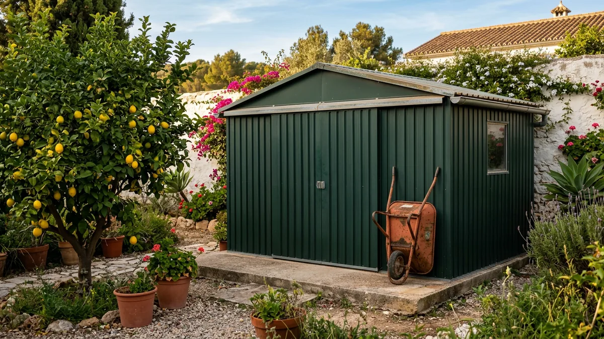 Una caseta metálica verde oscuro de chapa con puerta corredera y tejado a dos aguas al fondo de un jardín con un limonero y una carretilla apoyada al lado