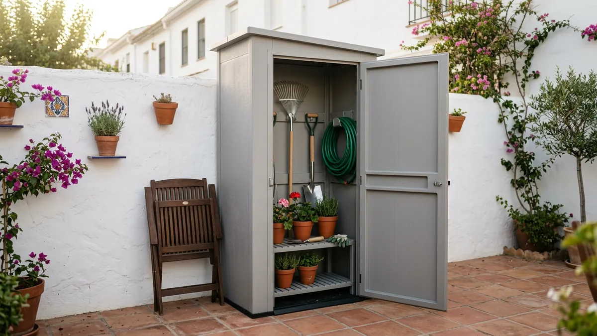 Una caseta estrecha de resina gris pegada a la pared blanca de un patio, con la puerta abierta y un rastrillo, una pala y una manguera colgados dentro, junto a una silla plegable