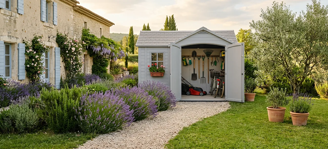 Abri de jardin en résine gris clair, porte double ouverte sur une tondeuse, deux vélos et des outils, au bout d'une allée de gravier devant une maison provençale en pierre aux volets bleus