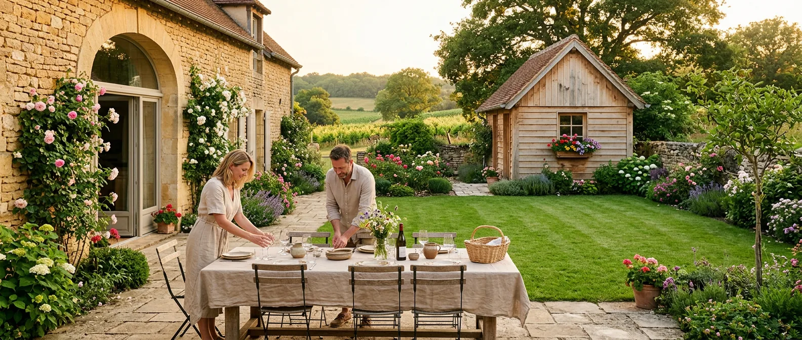 Un couple dresse une table sur la terrasse en pierre d'une ferme bourguignonne rénovée, avec au fond du jardin un abri en bois à jardinière