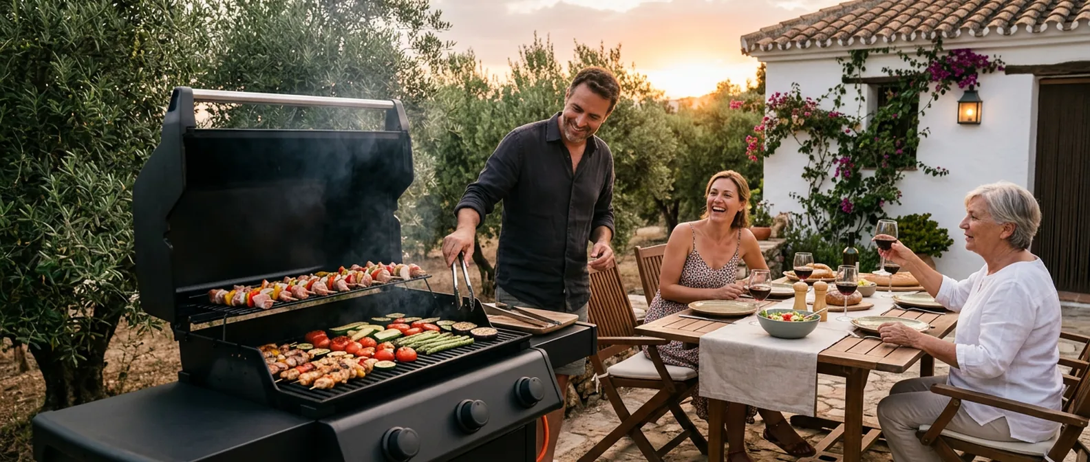 Una familia come en el patio de una casa de campo mientras un hombre asa brochetas y verduras en una barbacoa de gas al atardecer