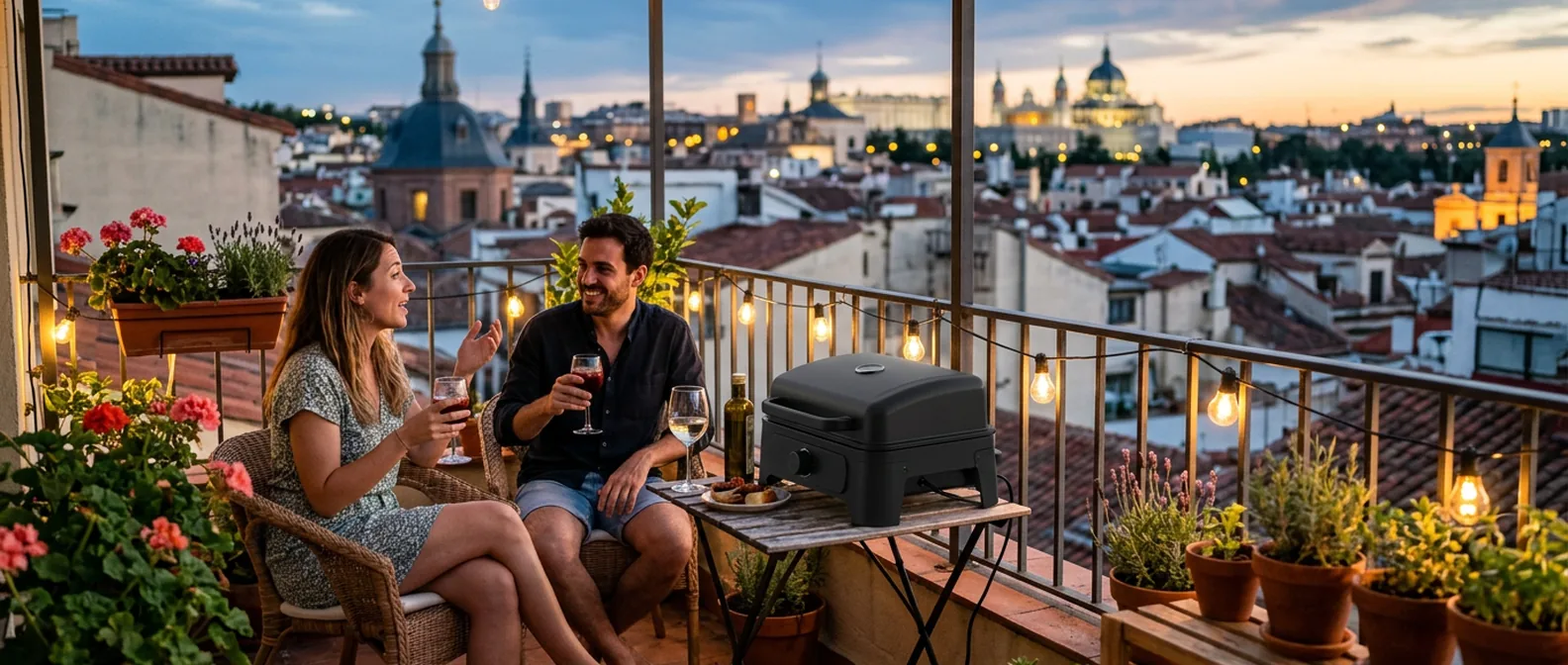 Dos amigos charlan con una copa en la terraza de un piso de Madrid al anochecer, junto a una barbacoa eléctrica pequeña sobre una mesa